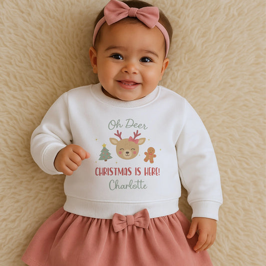 Girls Christmas Sweatshirt: Personalised boys reindeer Christmas sweatshirt with festive design and child’s name