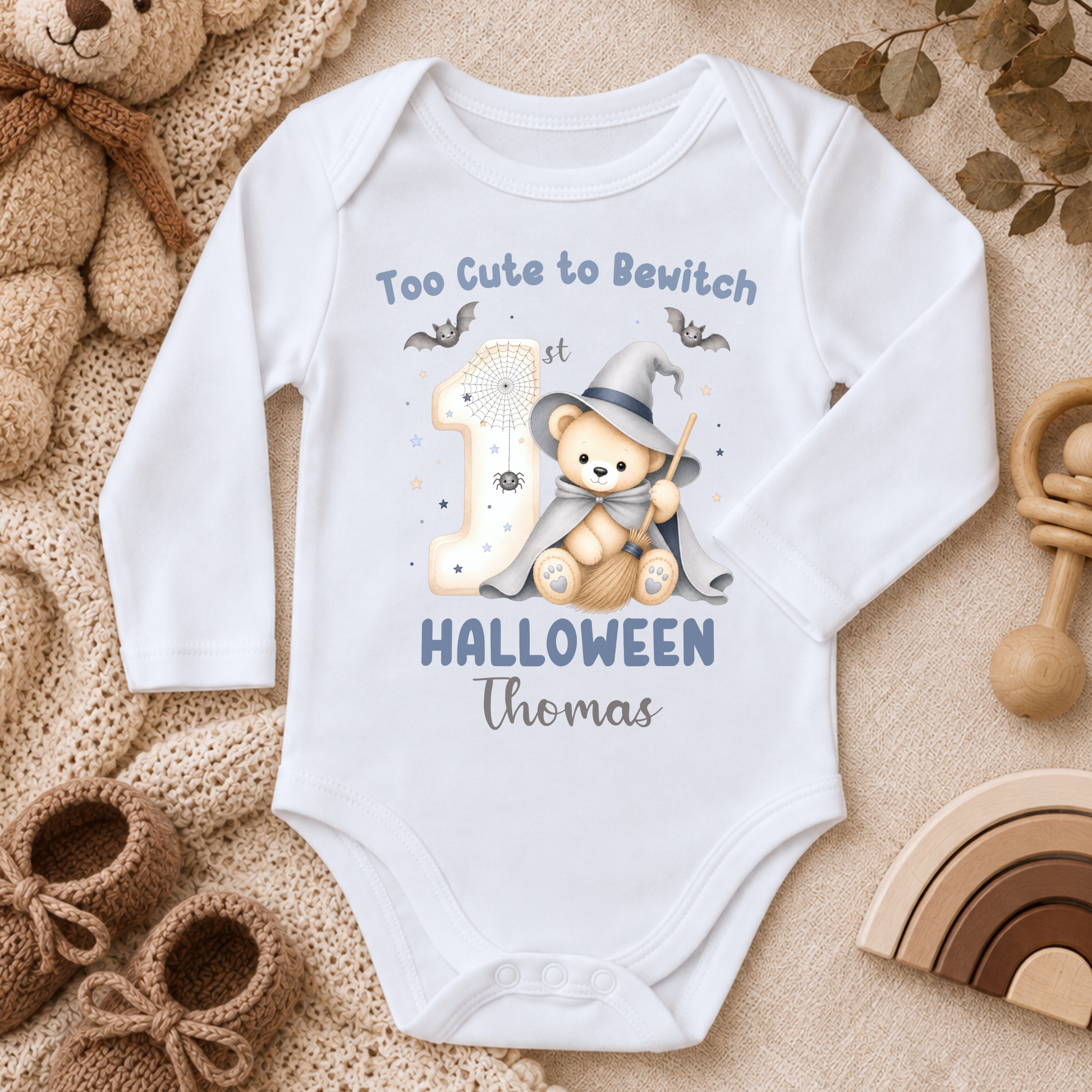 Personalised First Halloween Baby Outfit: Baby’s First Halloween personalised baby boy bodysuit with name, teddy bear witch, bats and first Halloween design.