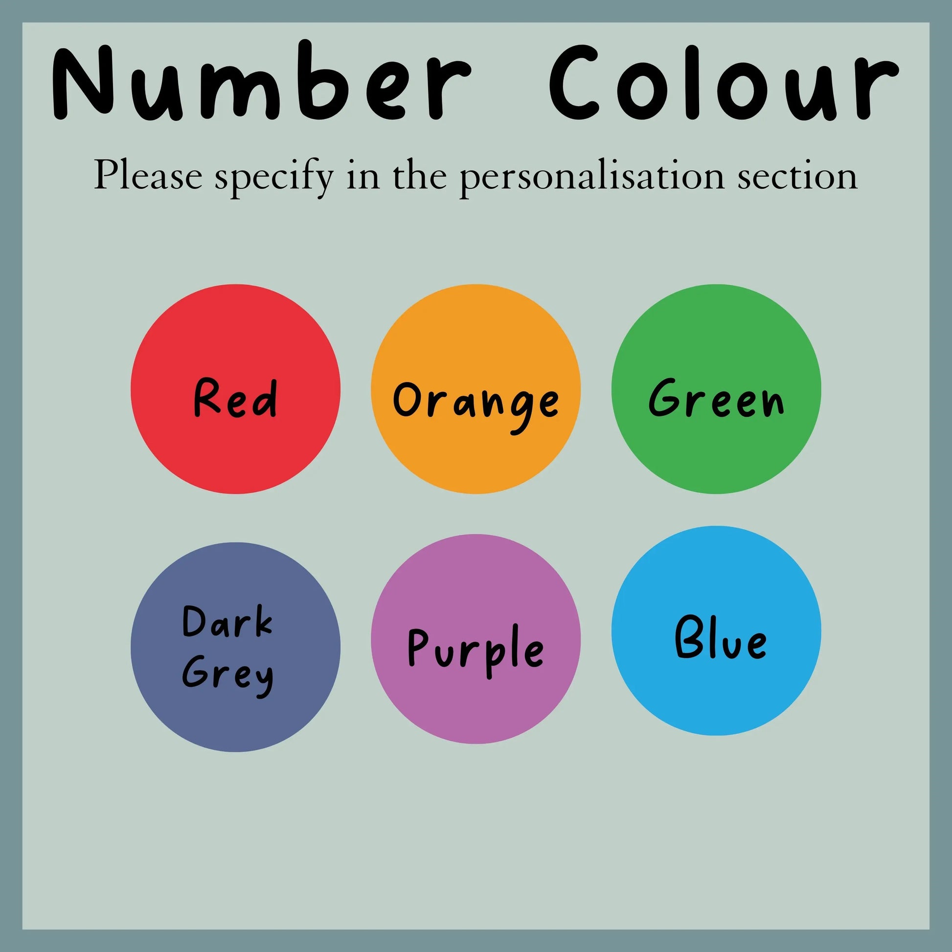 Color swatches labeled Red, Orange, Green, Dark Grey, Purple, and Blue on a gray background.