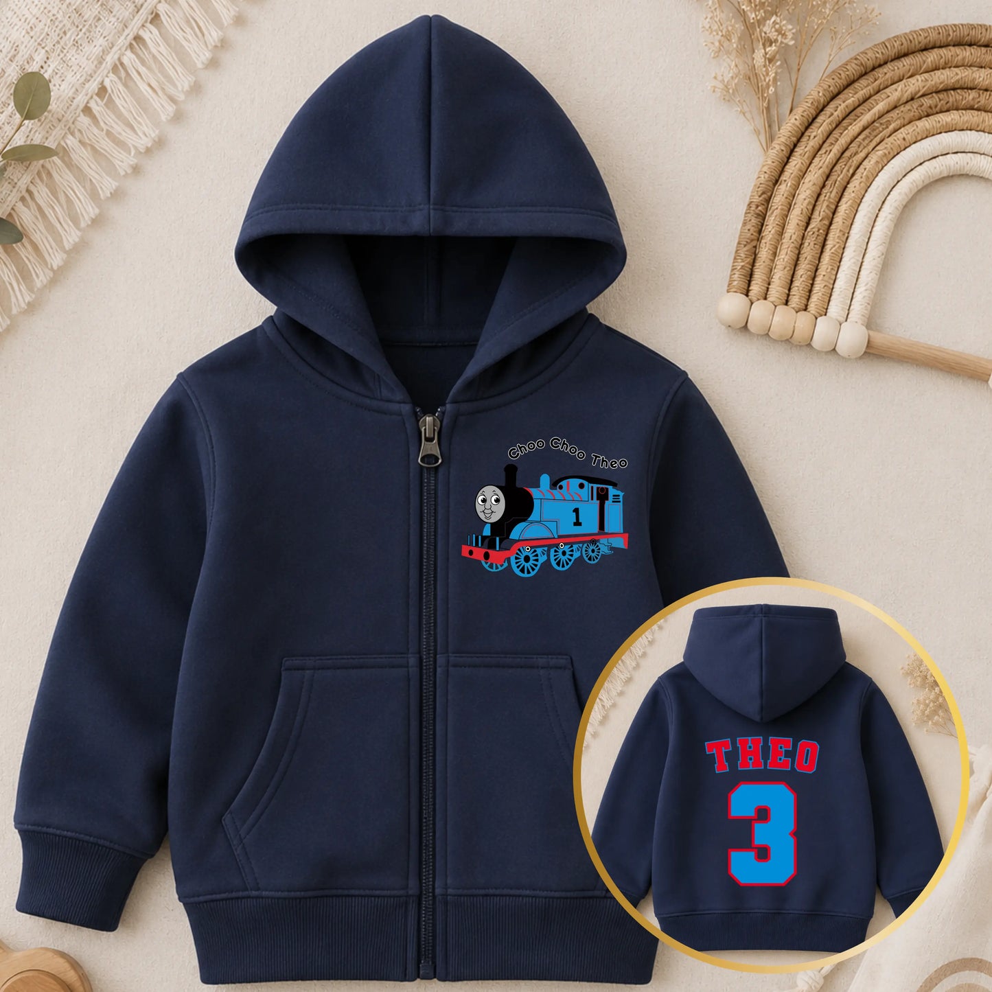 Personalised Thomas Hoodie – Boys Thomas the Tank Engine Birthday zip up with name & age AishaBaileyDesigns