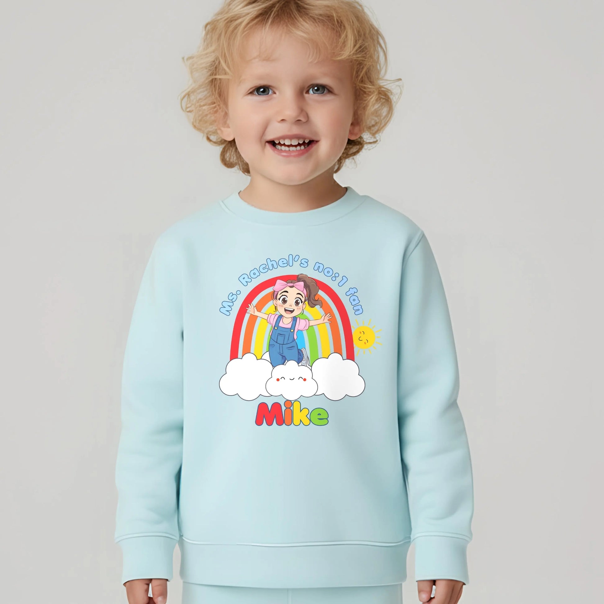 Boys Ms Rachel Sweatshirt: Personalised Ms Rachel birthday boy sweatshirt with rainbow, age number and child’s name