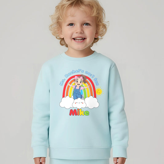 Boys Ms Rachel Sweatshirt: Personalised Ms Rachel birthday boy sweatshirt with rainbow, age number and child’s name