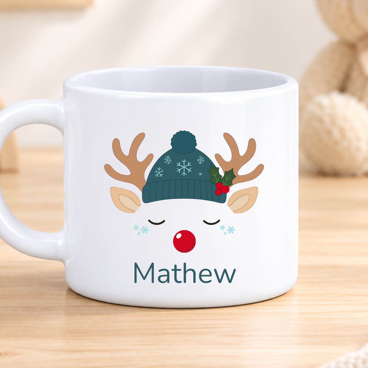 Personalised reindeer Christmas mug with child’s name, available as a 6oz polymer, 11oz coloured ceramic or 12oz campervan mug