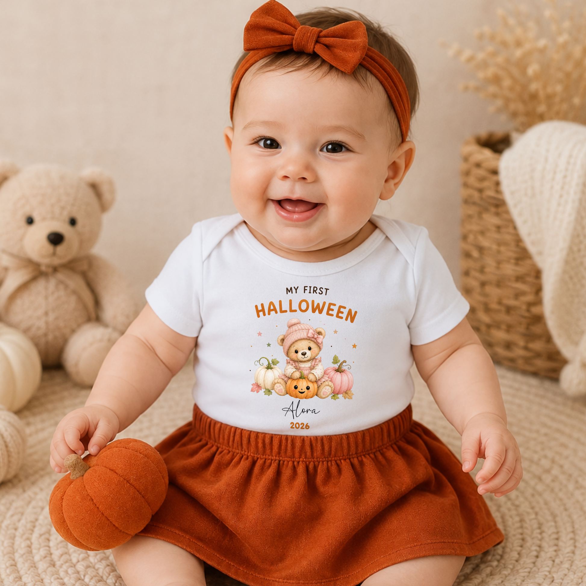 Personalised First Halloween Baby Outfit with cute teddy bear and pumpkins, customised with baby's name and year for their first Halloween.