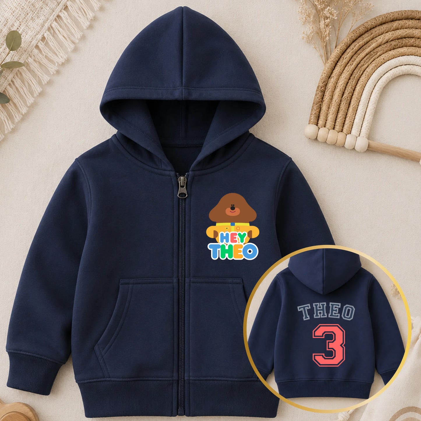 Personalised Hey Duggee birthday hoodie for boys with custom name and number back print on white zip-up childrens hoodie - aishabaileydesigns
