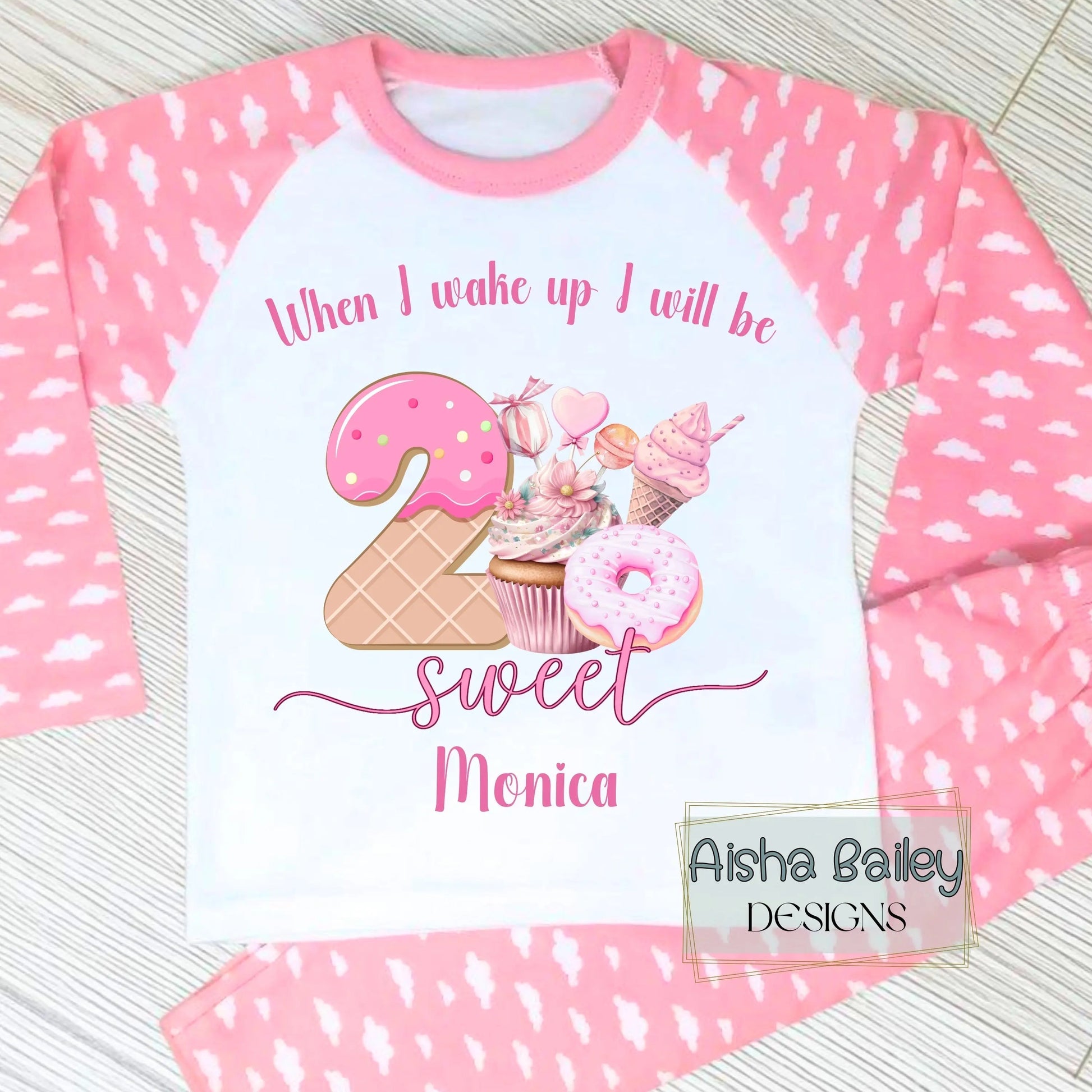 2nd Birthday Pyjamas - Two sweet birthday pyjamas for girls personalised pink number 2 cake design custom name girls second birthday outfit