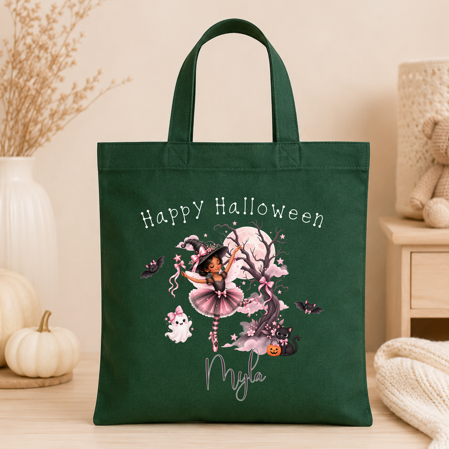 Personalised Halloween Trick or Treat Bag for Girls with witch ballerina, pink ghost, black cat, bats, moon and custom name.