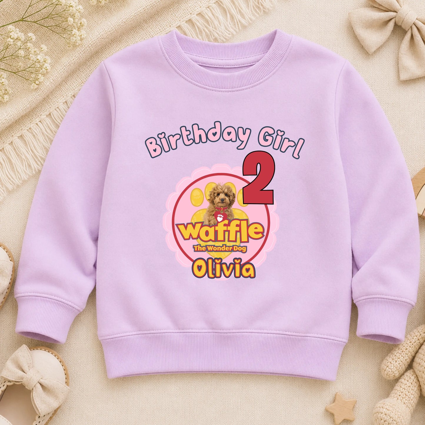 Girls Personalised Waffle Birthday Sweatshirt: Waffle the Wonder Dog AishaBaileyDesigns