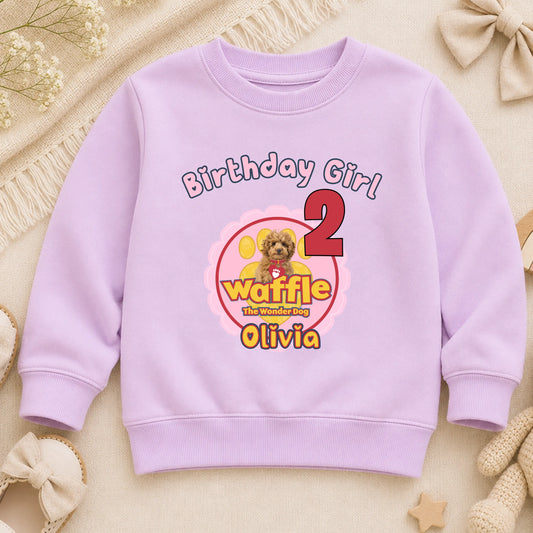 Girls Personalised Waffle Birthday Sweatshirt: Waffle the Wonder Dog AishaBaileyDesigns