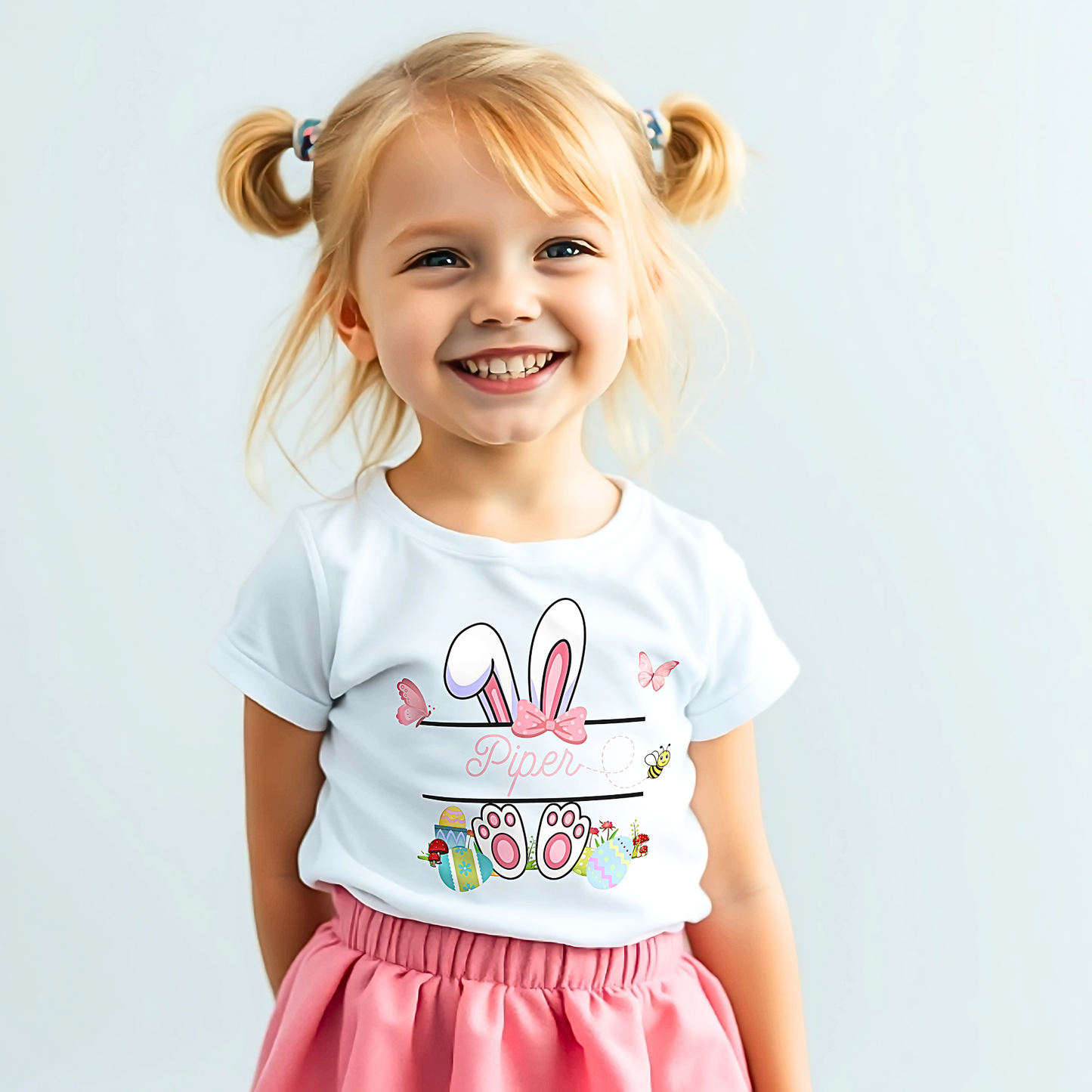 Easter T-shirt: Girls Personalised White Rabbit Split Monogram design, easter bunny tee, easter bunny personalised top, custom easter tee