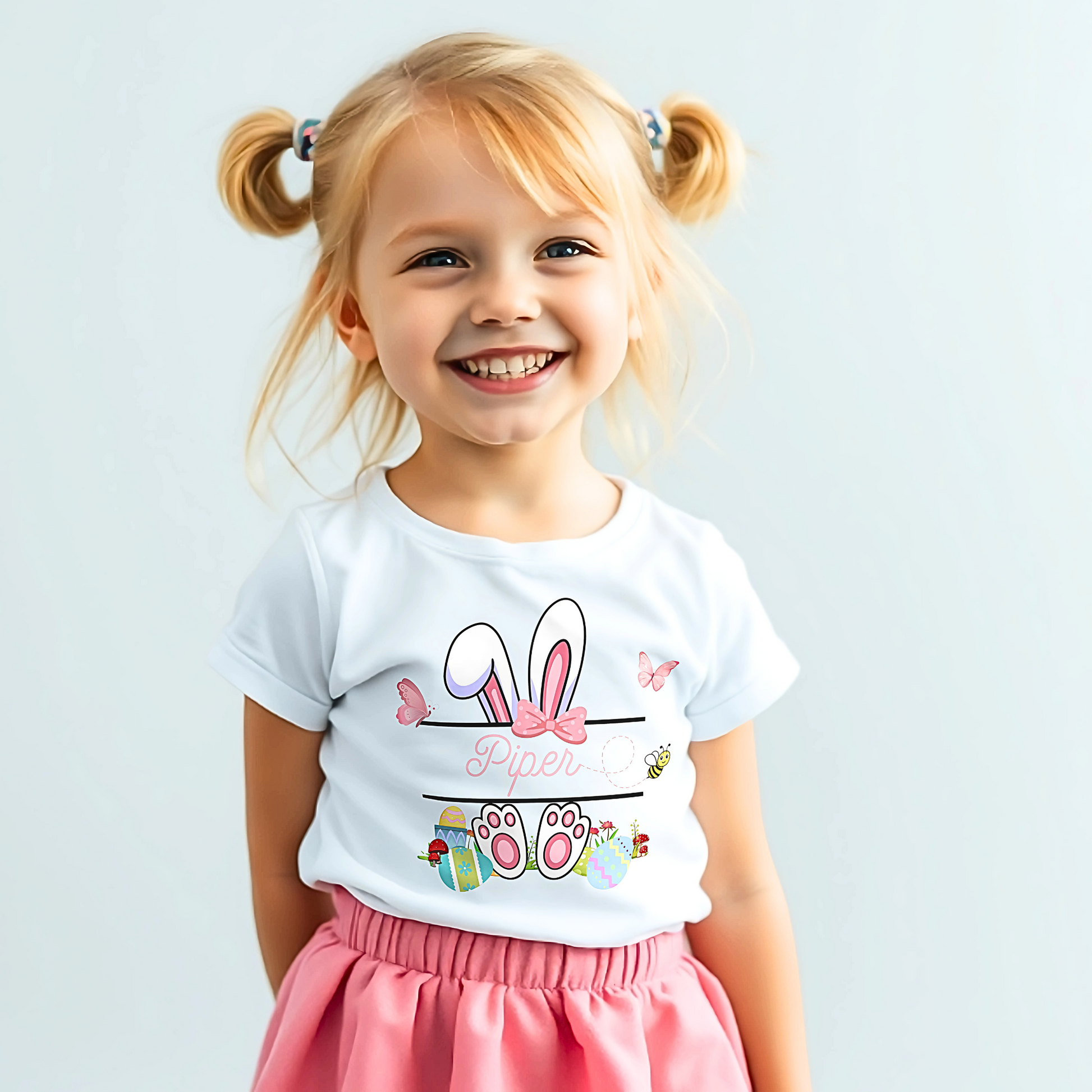 Easter T-shirt: Girls Personalised White Rabbit Split Monogram design, easter bunny tee, easter bunny personalised top, custom easter tee