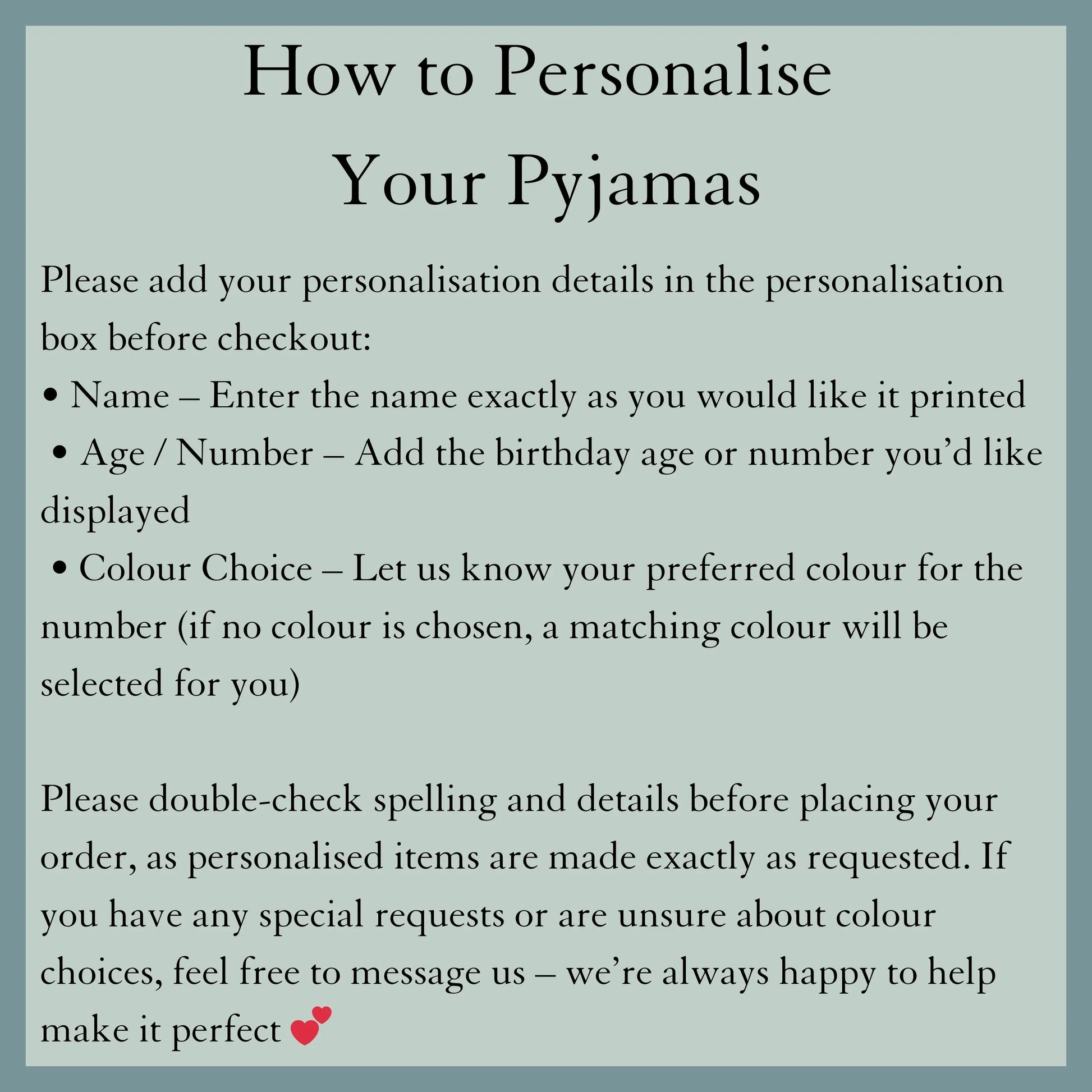Instructions for personalizing pyjamas with text on a light blue background
