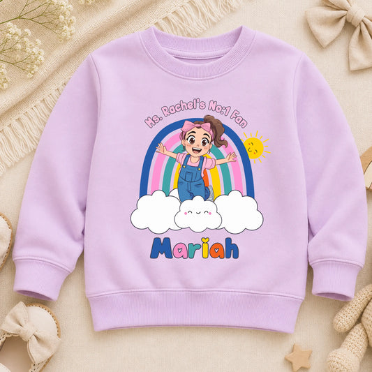 Personalised Ms Rachel Sweatshirt – Girls Custom No.1 Fan Rainbow Jumper for Everyday Wear AishaBaileyDesigns