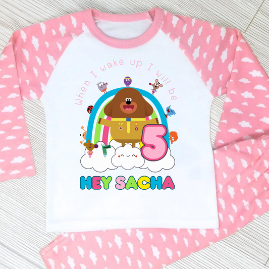 Hey Duggee birthday pyjamas, hey duggee pjs with name, Girls Hey Duggee, custom hey duggee nightwear, Girls hey duggee birthday