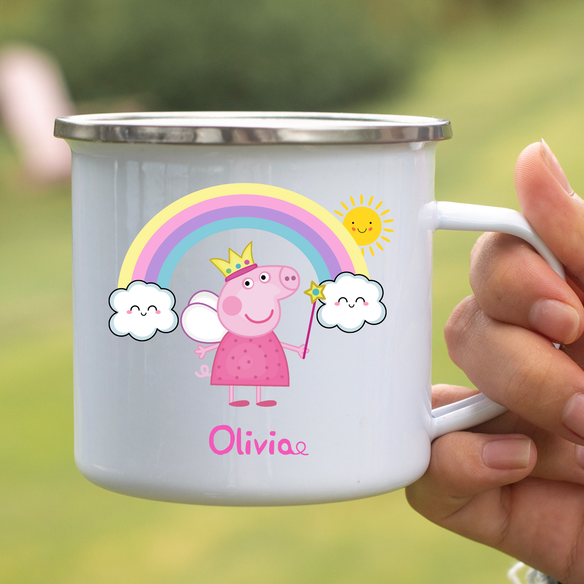 Peppa Pig Enamel Mug: White mug with peppa Pig Character and rainbow design perfect for toddler birthdays, christmas gift or stocking filler