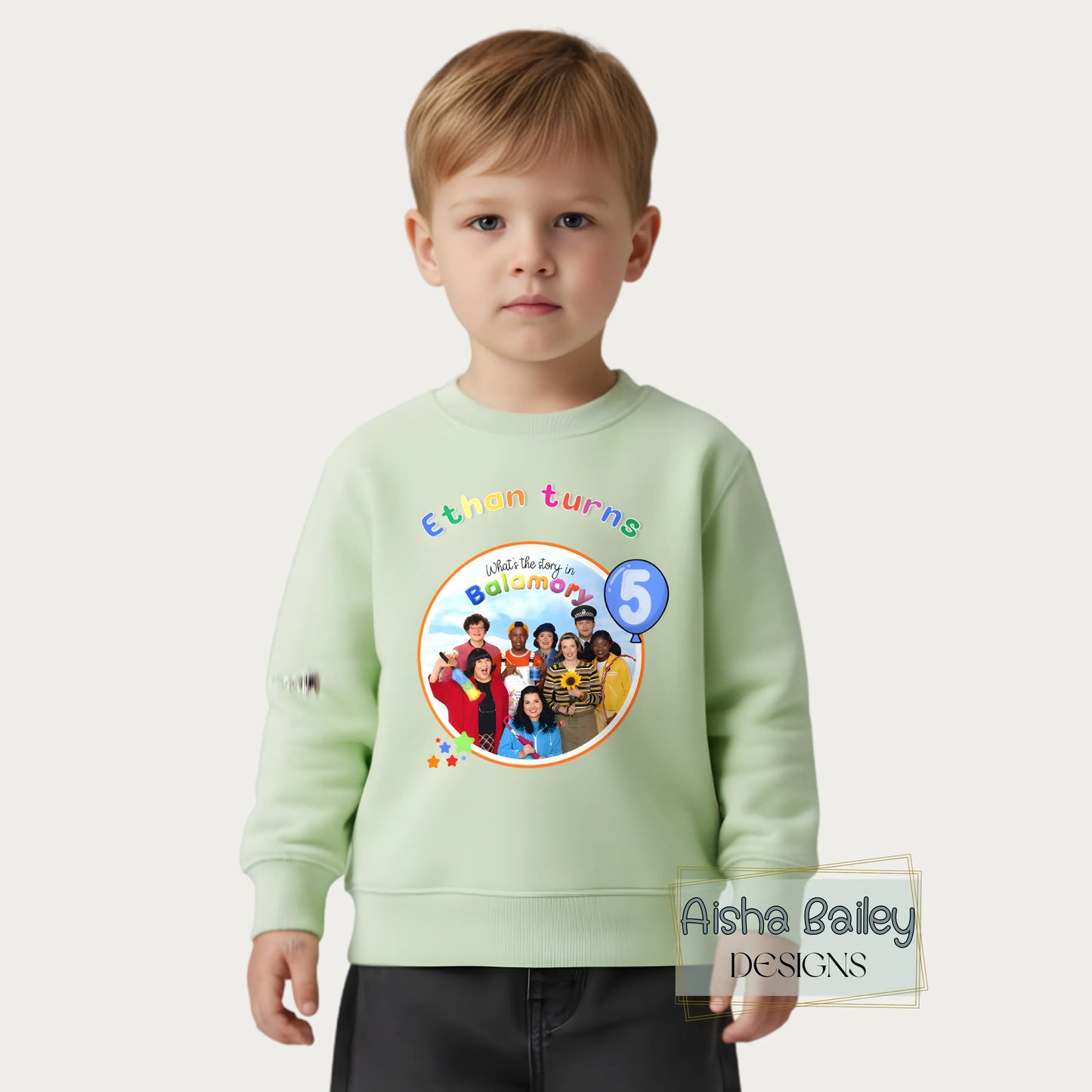 Personalised Balamory birthday sweatshirt for girls with custom name and any age colourful birthday jumper for toddlers
