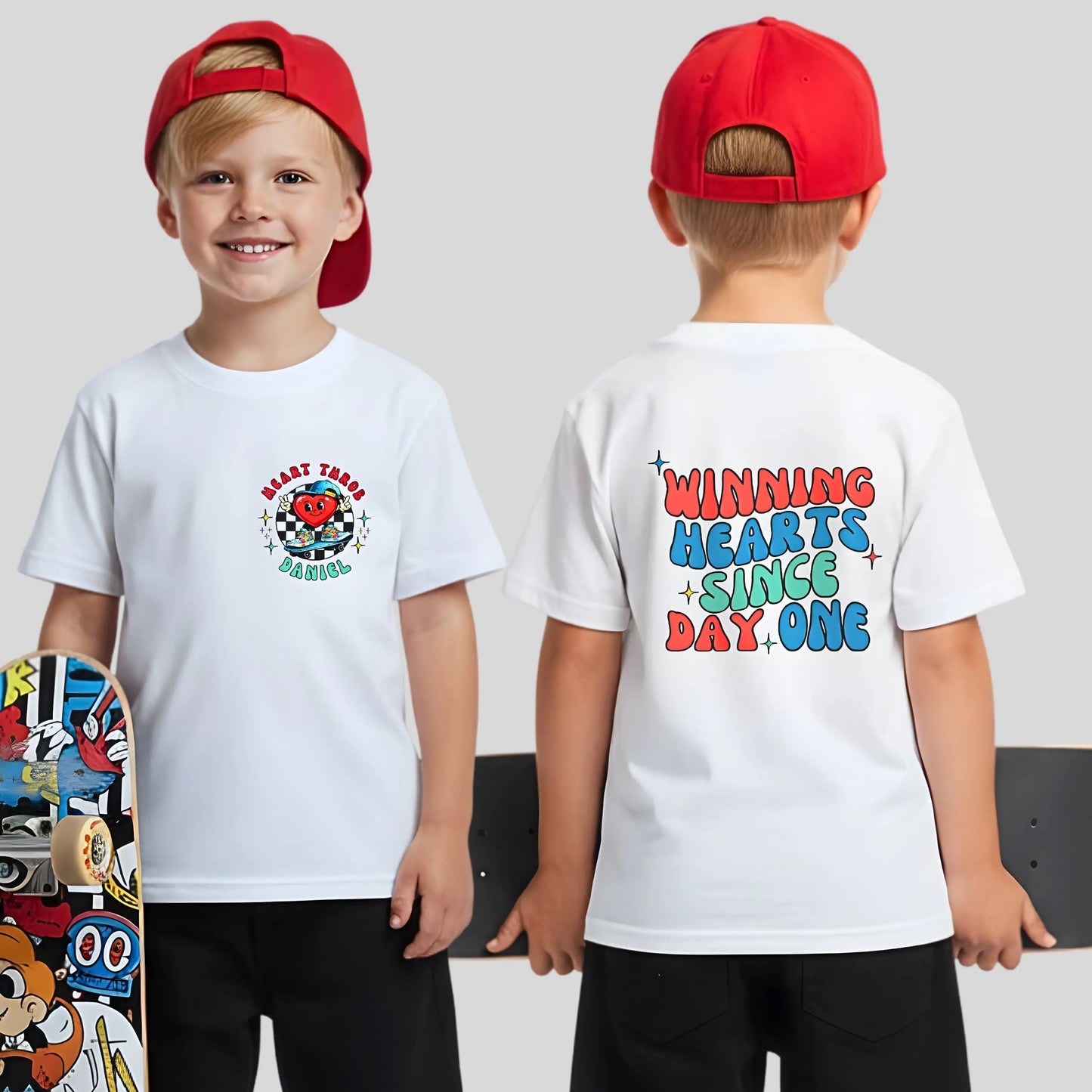 Personalised boys Valentines T-shirt for boy with a retro vibe and his custom name.