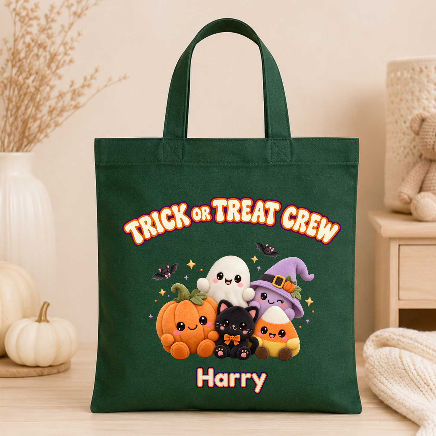 Personalised Halloween Trick or Treat Bag with kawaii plush pumpkin, ghost, witch, black cat and candy corn characters and custom name.