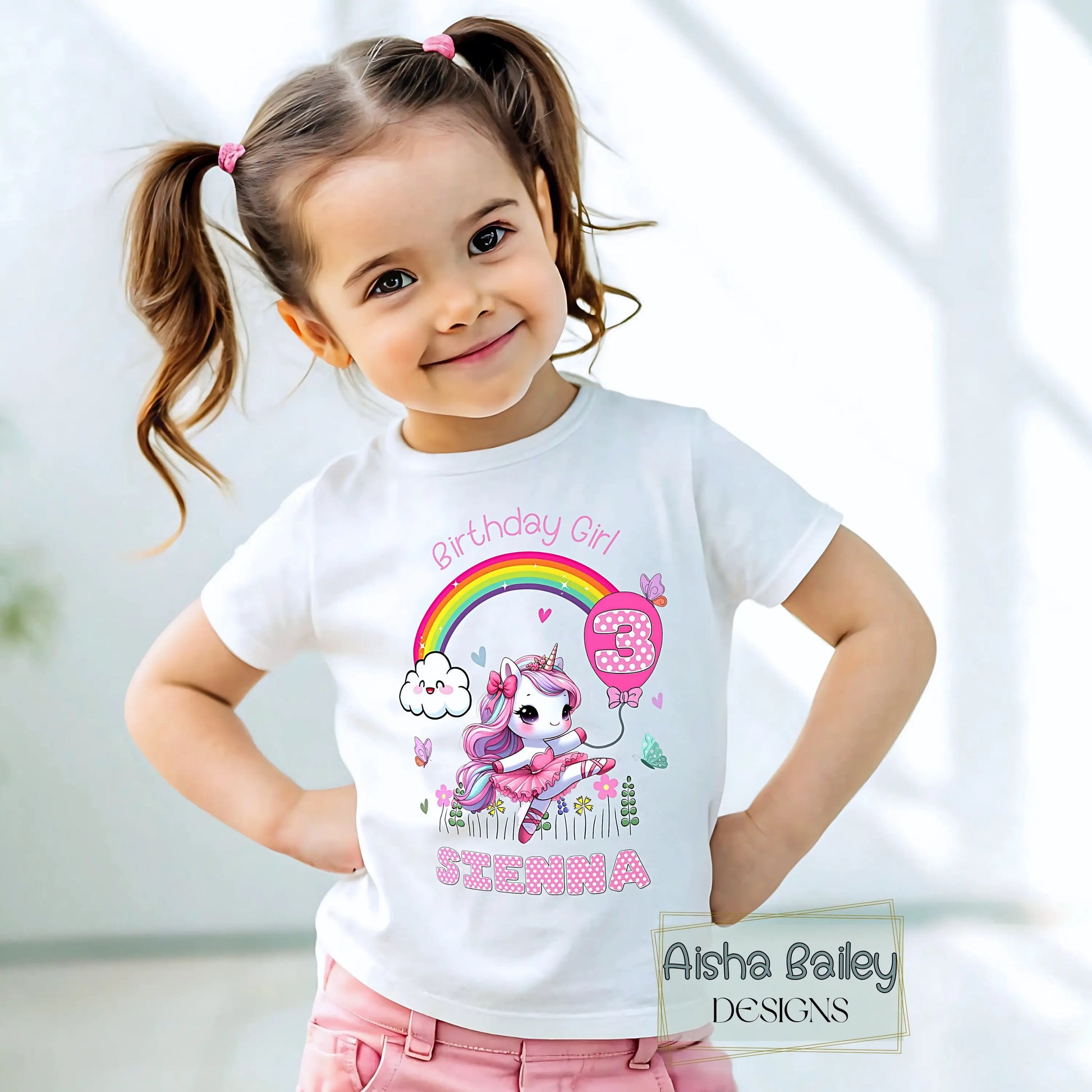 Personalised birthday girl t-shirt with unicorn rainbow desig, Custom girls birthday shirt with personalised name and age, Unicorn birthday girl t-shirt personalised for girls, Personalised girls birthday outfit with rainbow unicorn print