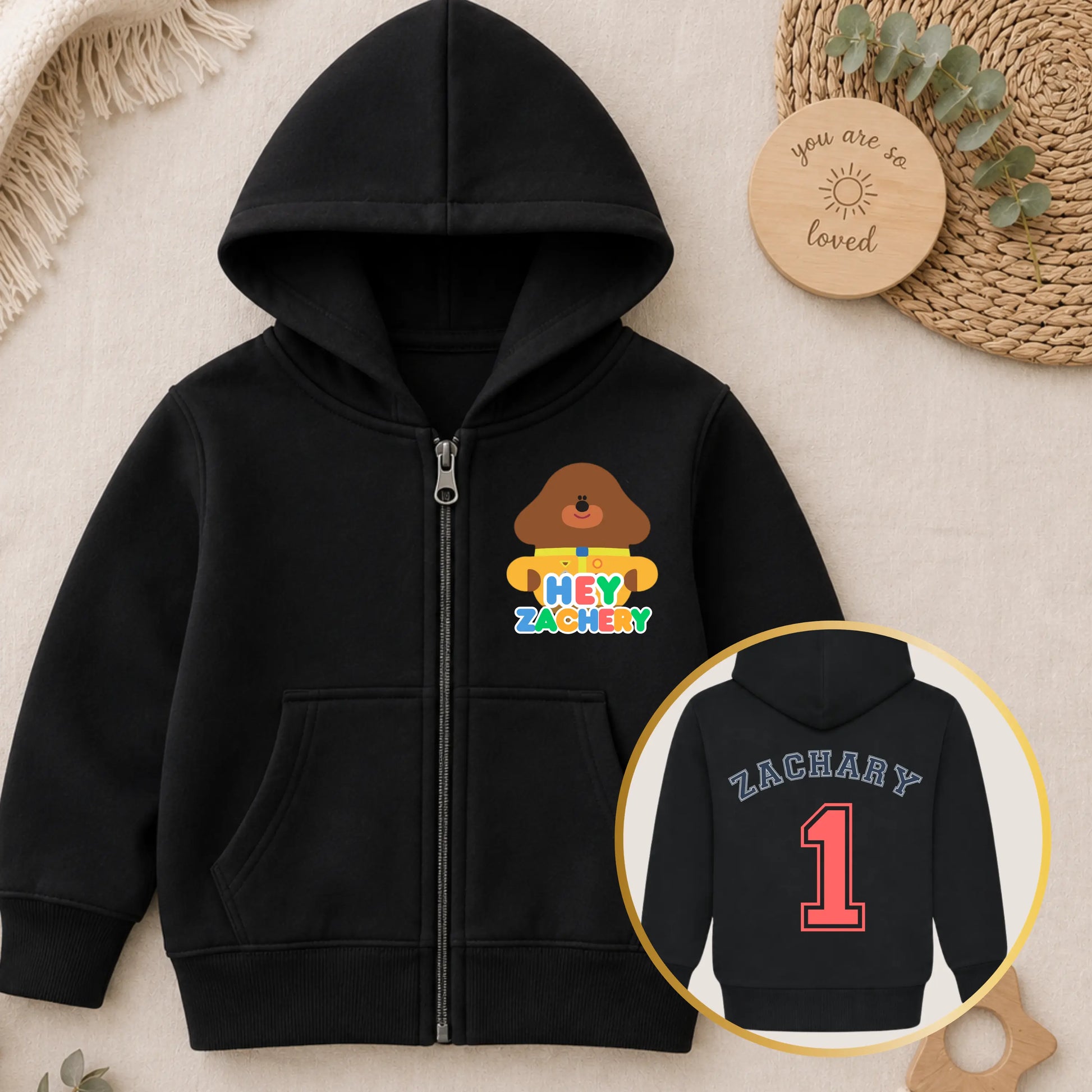 Personalised Hey Duggee birthday hoodie for boys with custom name and number back print on white zip-up childrens hoodie - aishabaileydesigns