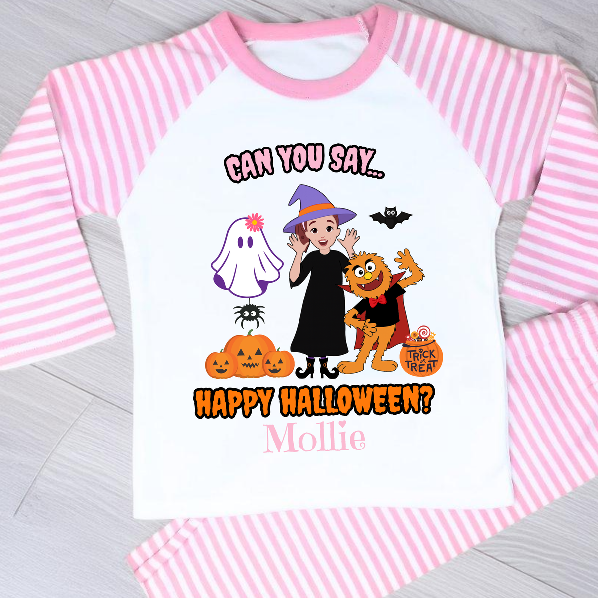 Girls personalised Ms Rachel Halloween pyjamas with “Can You Say Happy Halloween?” design and child’s name