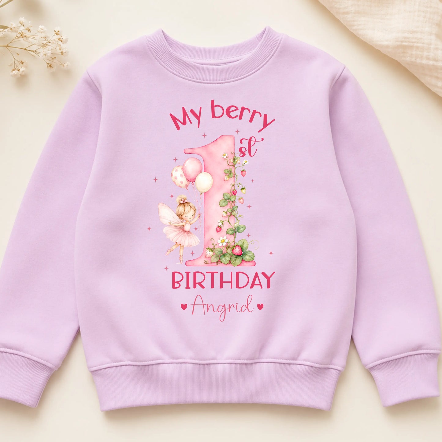 Berry 1st Birthday Sweatshirt Personalised for Girls – Strawberry Fairy Birthday Jumper - AishaBaileyDesigns