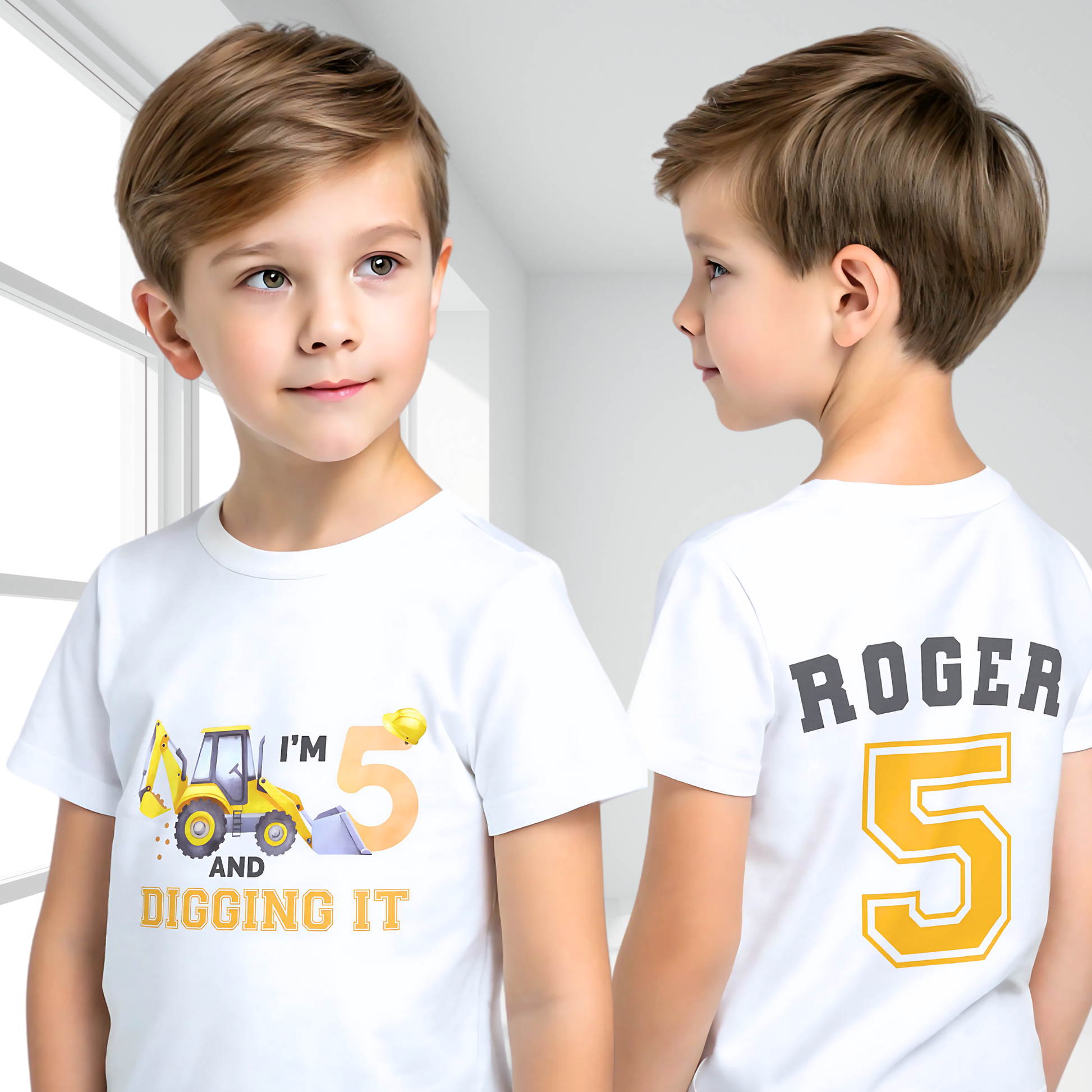 Excavator Digger Birthday T-Shirt: This white t-shirt features a vibrant yellow excavator graphic alongside the playful text “I am digging it,” with customizable age options to celebrate a birthday. The back is personalised with the boy name and age in bold yellow with a black outline. Ideal as a gift for a boy or toddler birthday or a construction-themed party.