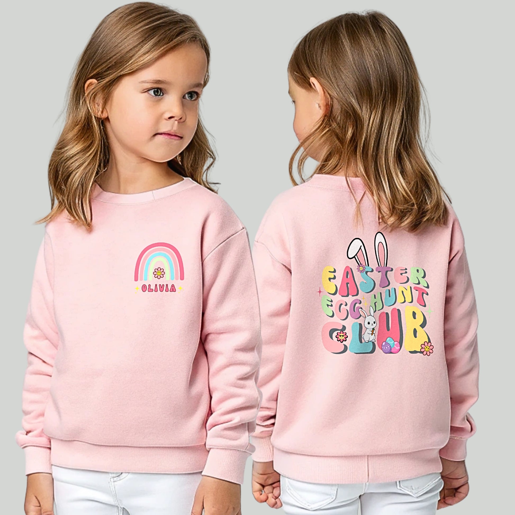 Girls personalised Easter sweatshirt with rainbow name design on front and Easter Egg Hunt Club bunny print on back