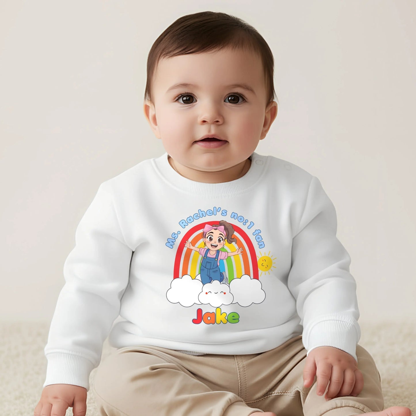 Boys Ms Rachel Sweatshirt: Personalised Ms Rachel birthday boy sweatshirt with rainbow, age number and child’s name