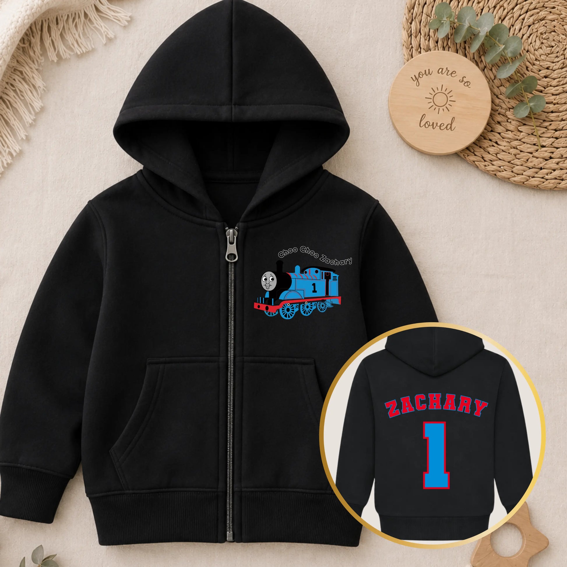 Personalised Thomas Hoodie – Boys Thomas the Tank Engine Birthday zip up with name & age AishaBaileyDesigns