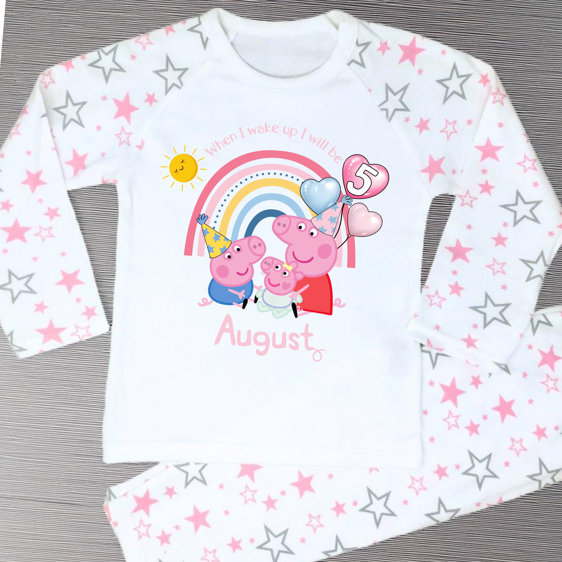 Personalised girls Peppa Pig Birthday Pyjamas featuring Peppa, George, and baby sister Evie; soft cotton; vibrant design; ideal birthday gift; peppa pigs sibling, peppa's baby sister