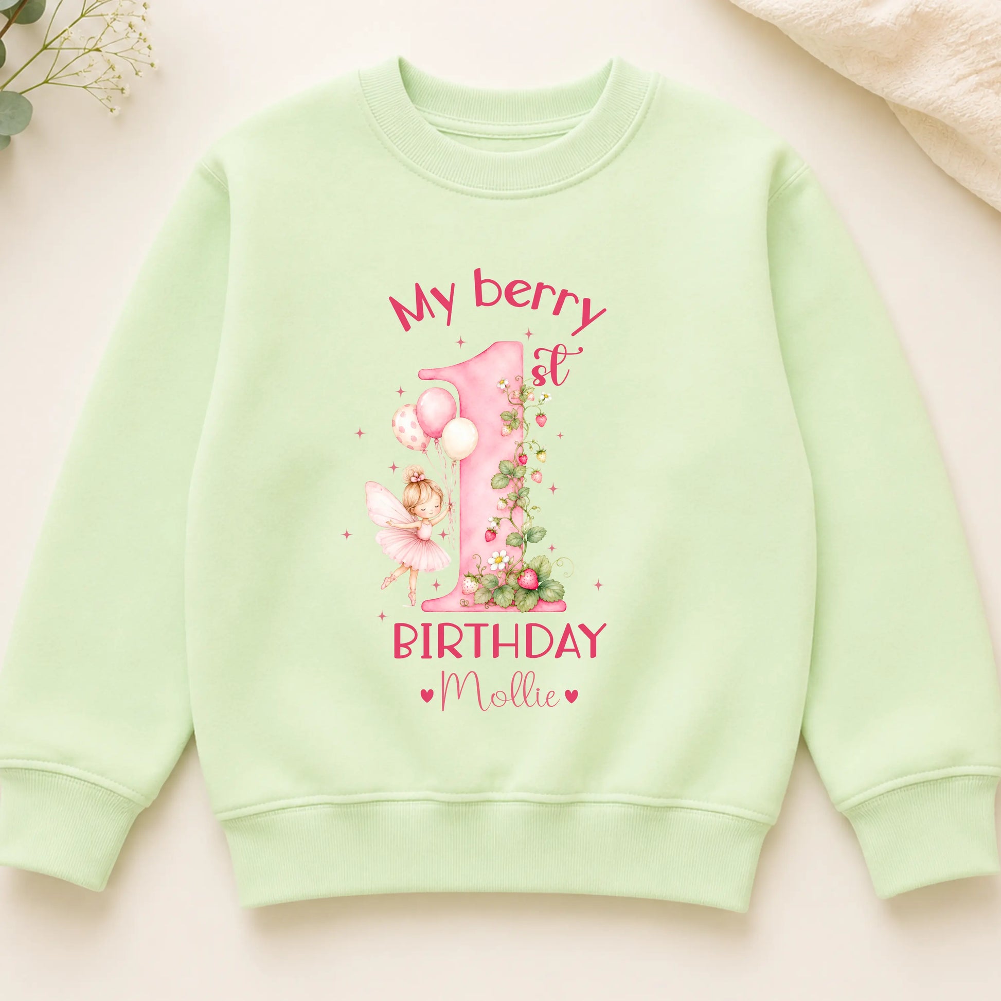 Berry 1st Birthday Sweatshirt Personalised for Girls – Strawberry Fairy Birthday Jumper - AishaBaileyDesigns