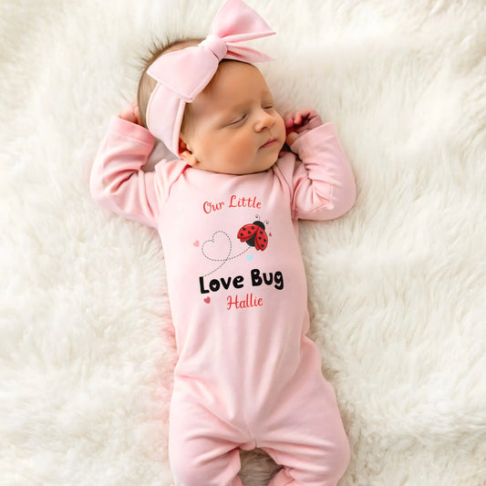 Valentine Baby Outfit personalised for Valentines day. Baby grow, vest and bib with a love bug (ladybird) design