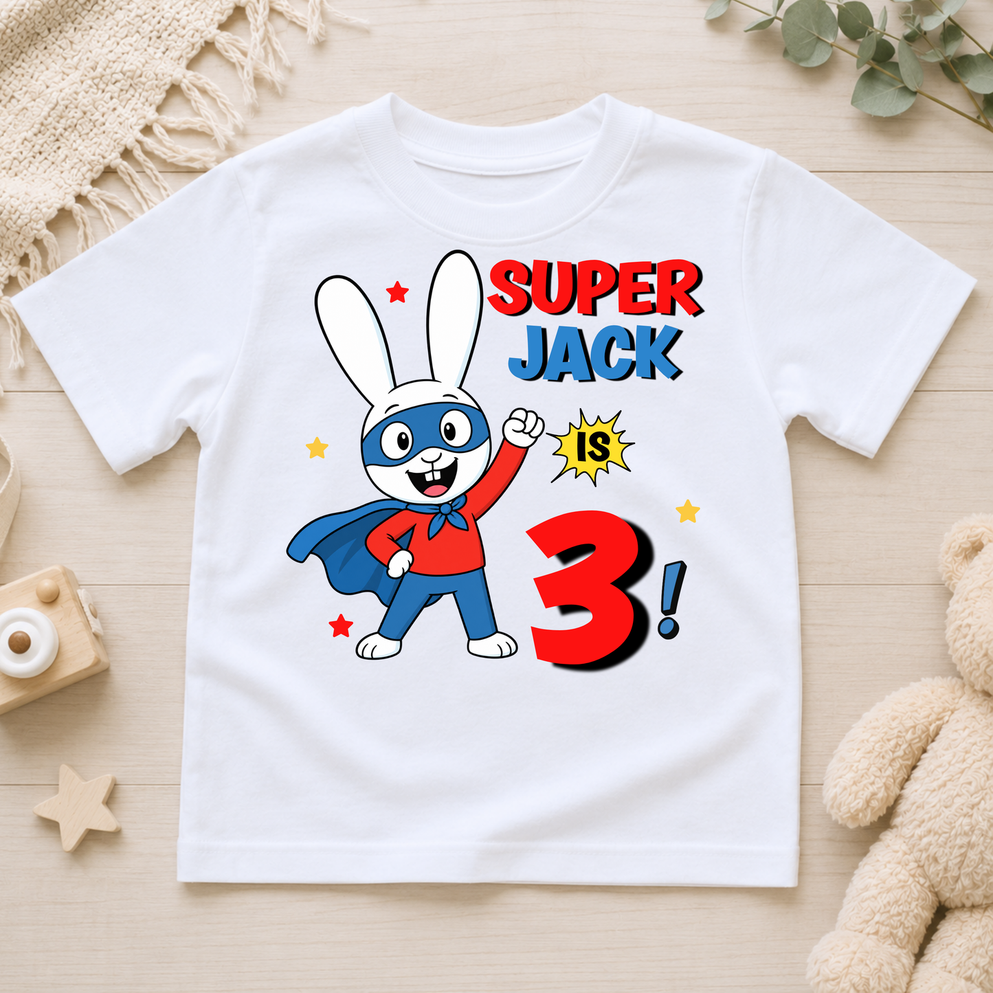Personalised Super Simon Birthday T-Shirt for Boys with custom name and age featuring a colourful character-inspired design for a child's birthday.