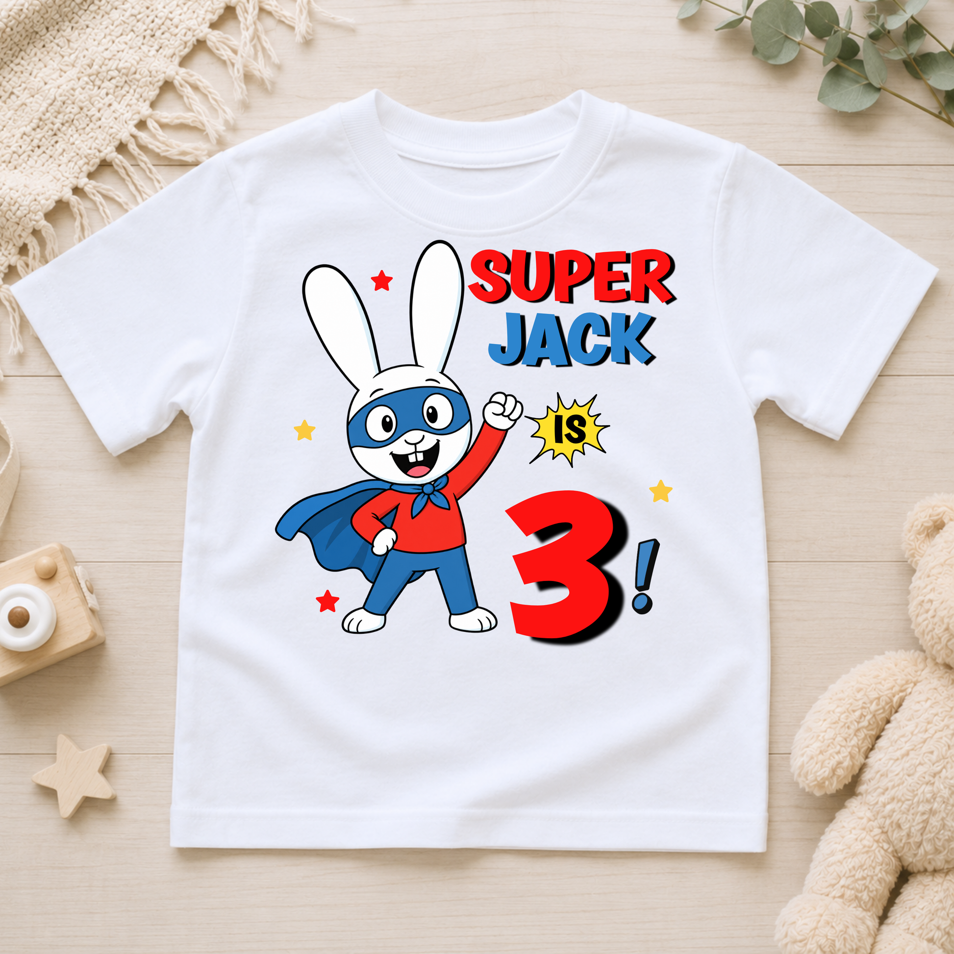 Personalised Super Simon Birthday T-Shirt for Boys with custom name and age featuring a colourful character-inspired design for a child's birthday.