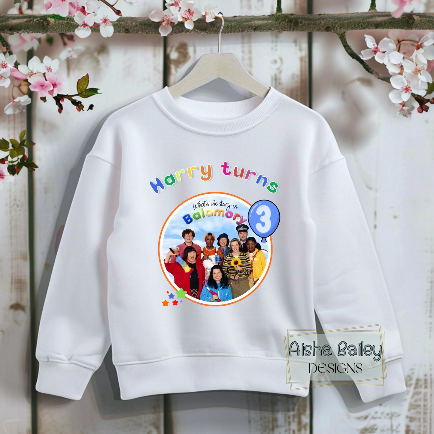 Personalised Balamory birthday sweatshirt for girls with custom name and any age colourful birthday jumper for toddlers