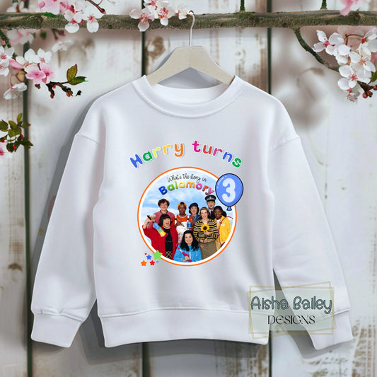 Personalised Balamory birthday sweatshirt for girls with custom name and any age colourful birthday jumper for toddlers