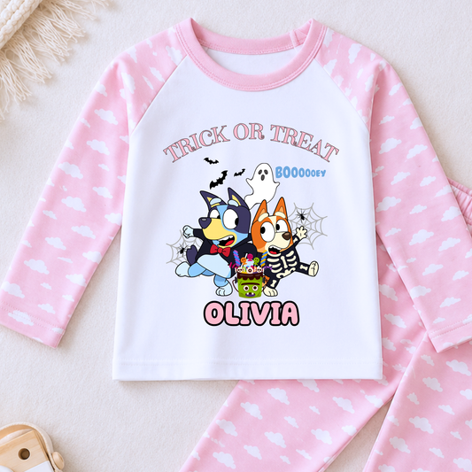 Girls personalised Bluey and Bingo Halloween pyjamas with name print and cute spooky design