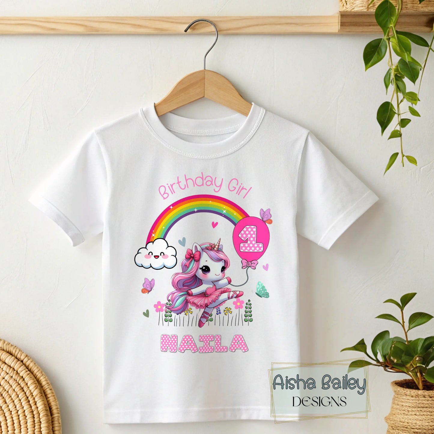 Personalised birthday girl t-shirt with unicorn rainbow desig, Custom girls birthday shirt with personalised name and age, Unicorn birthday girl t-shirt personalised for girls, Personalised girls birthday outfit with rainbow unicorn print