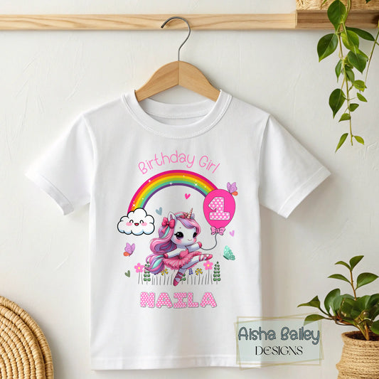 Personalised birthday girl t-shirt with unicorn rainbow desig, Custom girls birthday shirt with personalised name and age, Unicorn birthday girl t-shirt personalised for girls, Personalised girls birthday outfit with rainbow unicorn print