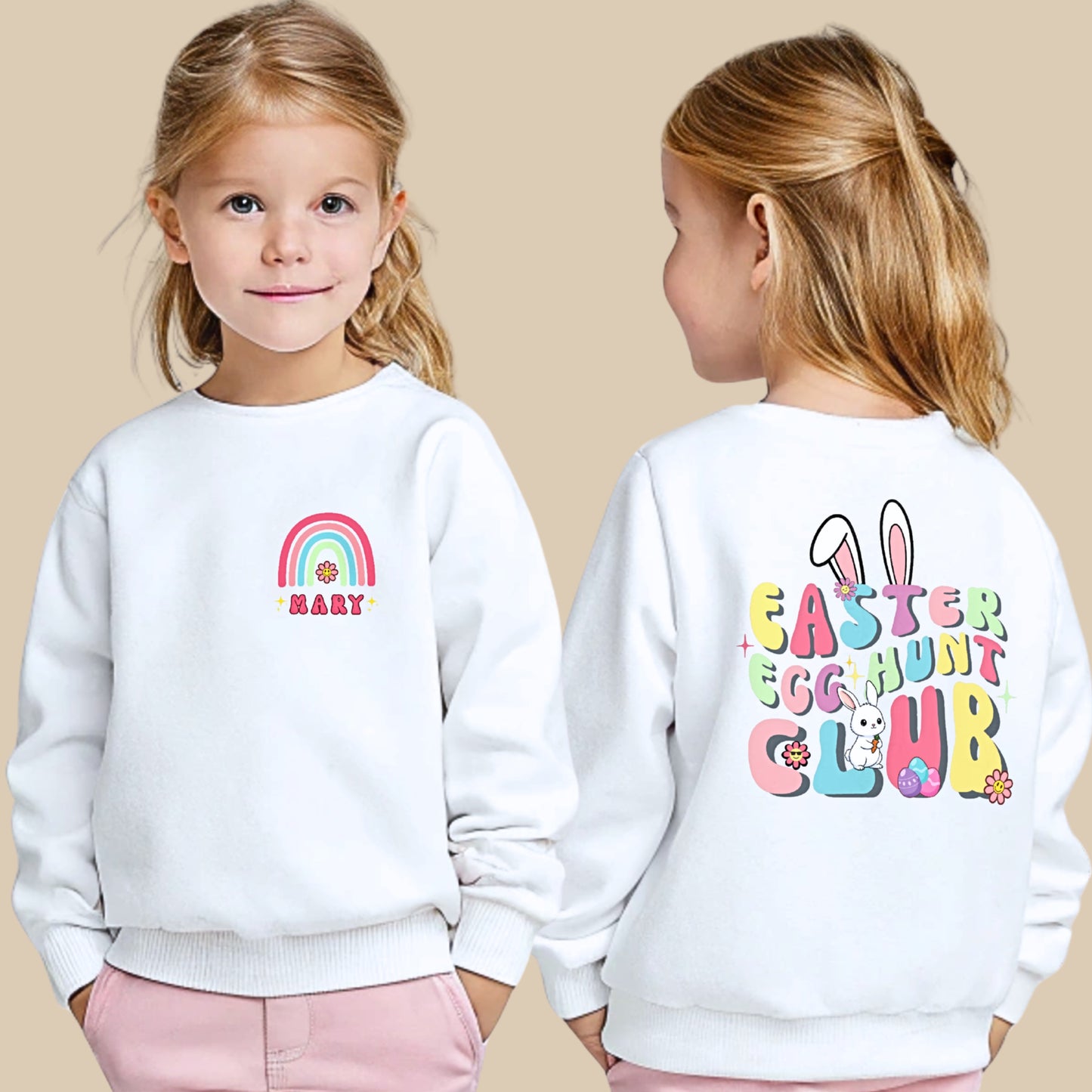 Girls personalised Easter sweatshirt with rainbow name design on front and Easter Egg Hunt Club bunny print on back