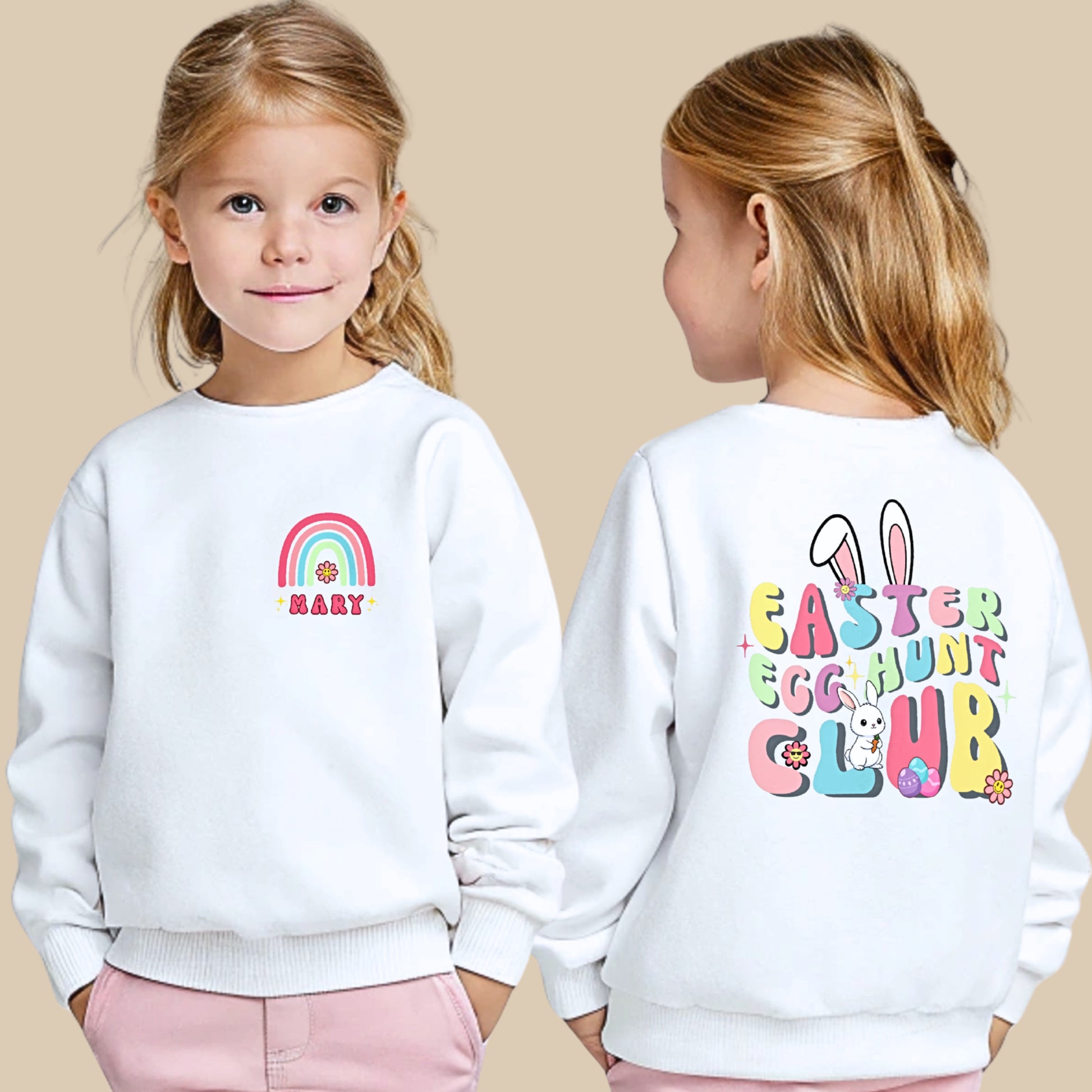 Girls personalised Easter sweatshirt with rainbow name design on front and Easter Egg Hunt Club bunny print on back