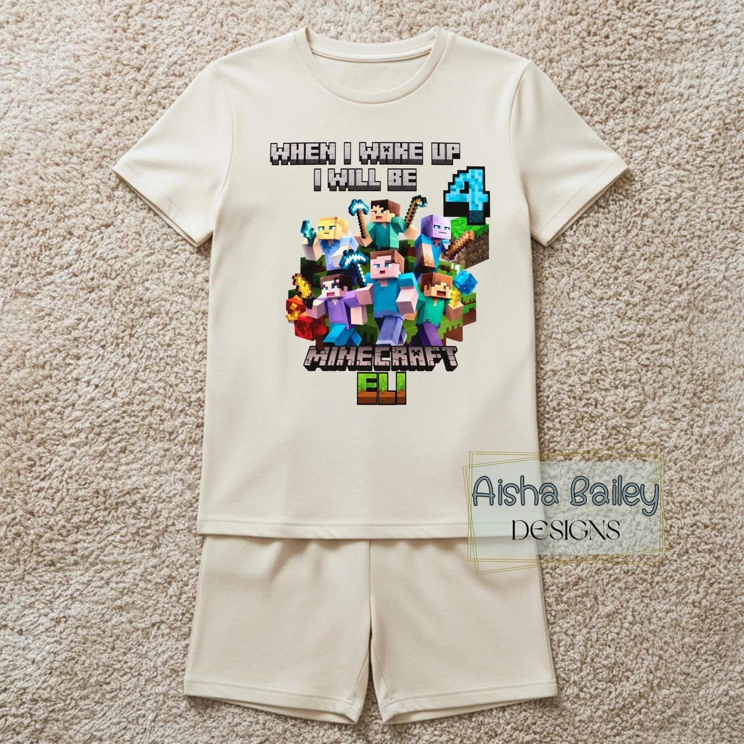 Minecraft Birthday Pyjama Shorts, Boy wearing personalised Minecraft birthday pyjamas with custom age on white t-shirt and matching shorts in a bright modern bedroom setting