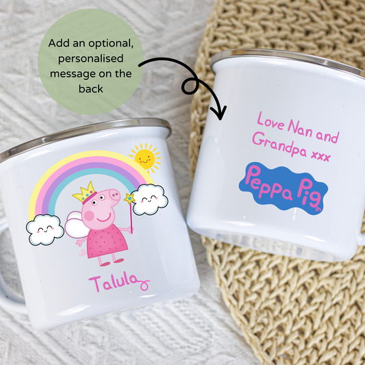 Peppa Pig Enamel Mug: White mug with peppa Pig Character and rainbow design perfect for toddler birthdays, christmas gift or stocking filler