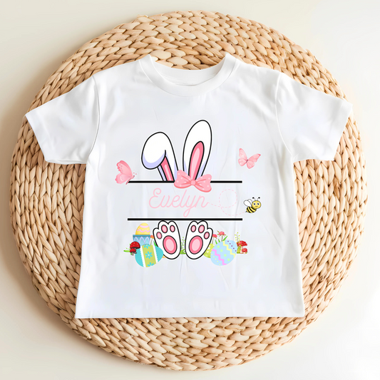 Easter T-shirt: Girls Personalised White Rabbit Split Monogram design, easter bunny tee, easter bunny personalised top, custom easter tee