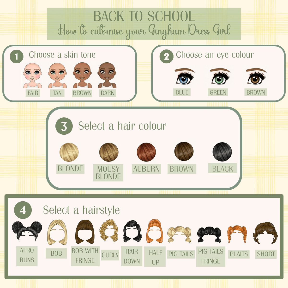 Personalised Back to School Drawstring Bag for girls with custom gingham school doll, child's features and name, An educational infographic titled 'BACK TO SCHOOL How to customise your Gingham Dress Girl' showing four steps for customization: choosing a skin tone, eye color, hair color, and hairstyles. The graphic features cartoon illustrations and color swatches on a pale yellow-green checkered background.