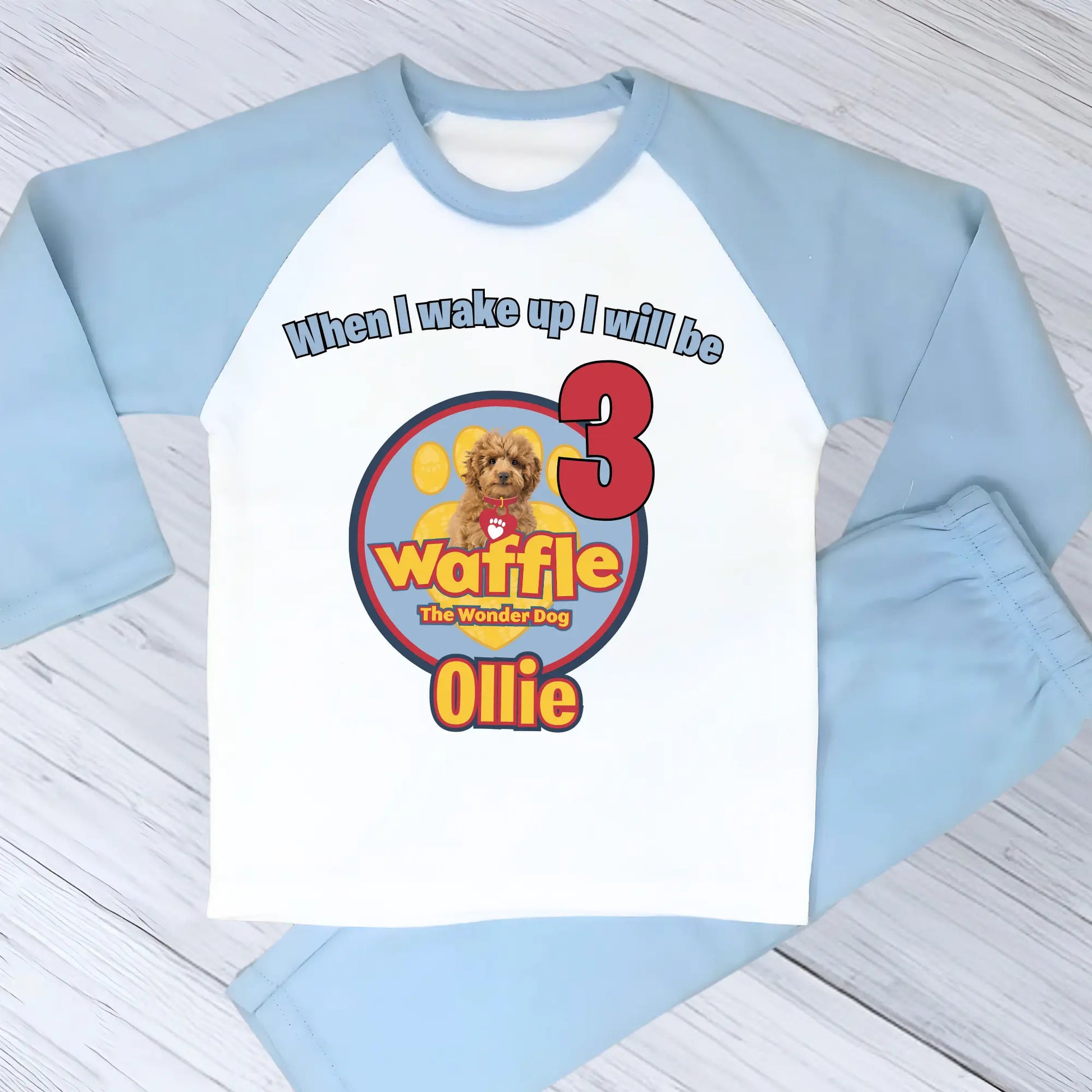 Waffle birthday pyjamas for boys with custom name and age: waffle the wonder dog