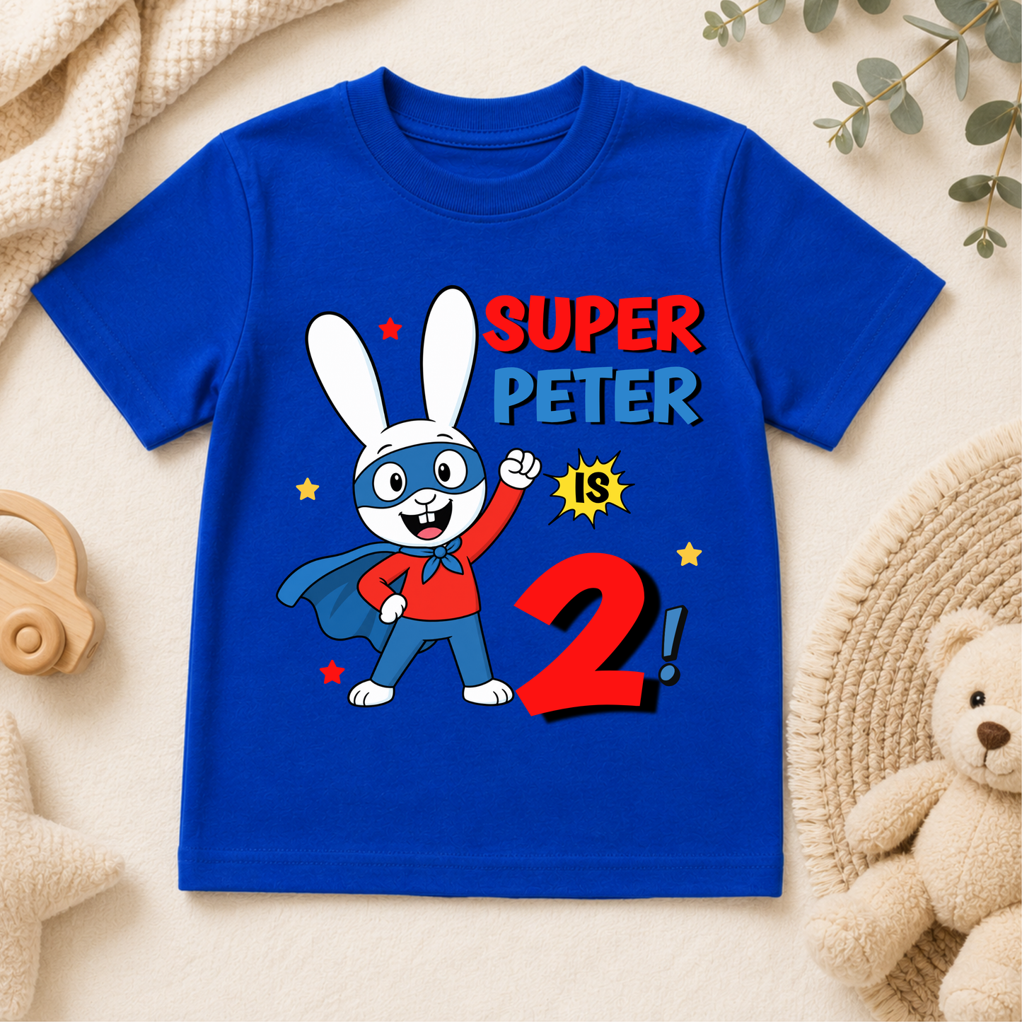 Personalised Super Simon Birthday T-Shirt for Boys with custom name and age featuring a colourful character-inspired design for a child's birthday.