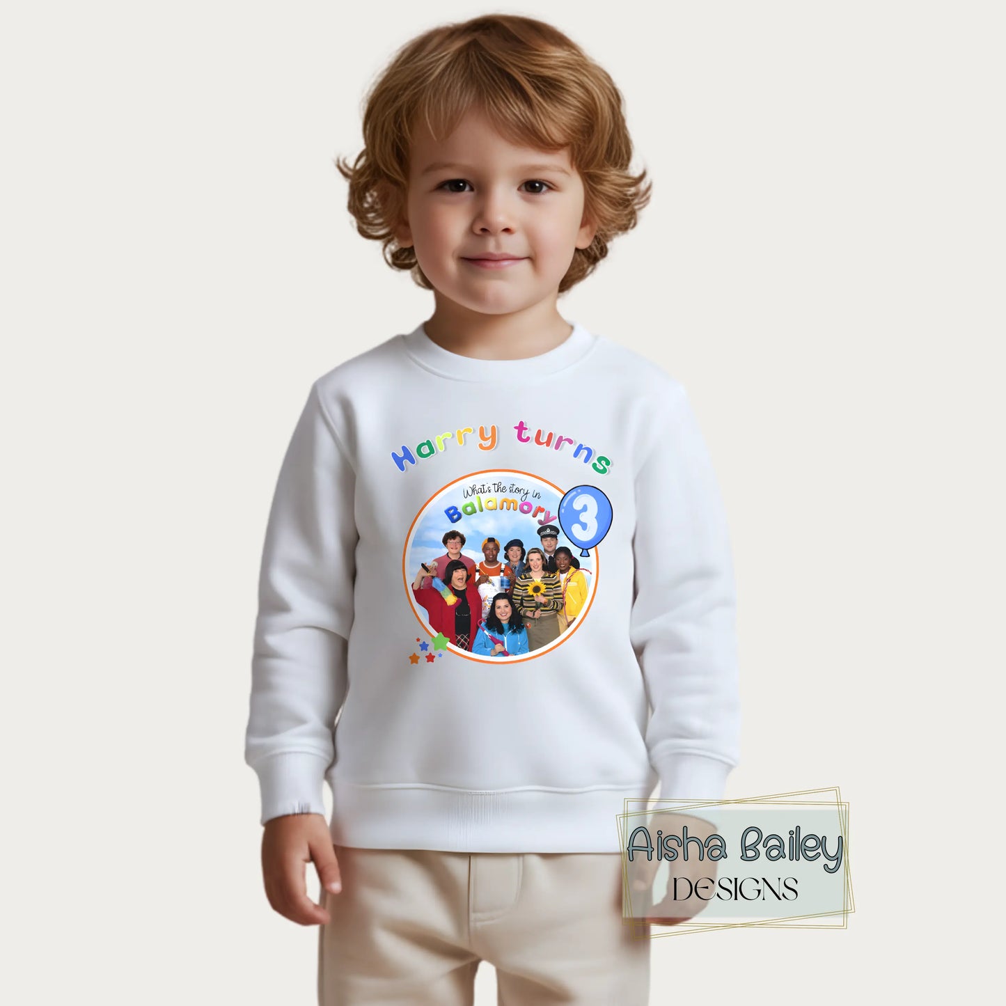 Personalised Balamory birthday sweatshirt for girls with custom name and any age colourful birthday jumper for toddlers