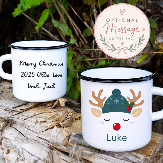 Personalised reindeer Christmas mug with child’s name, available as a 6oz polymer, 11oz coloured ceramic or 12oz campervan mug